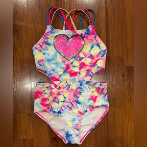 Betsey Johnson One Piece Swimsuit Girls Sz L (12) Tie Dye Sequin Heart Race Back
